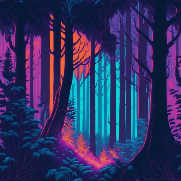 illustrazione di foresta d'attualità con bagliore al neon e vivido