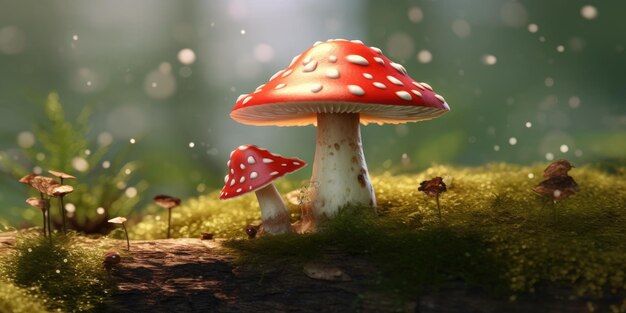 Illustrazione di funghi divertenti nella foresta funghi fantastici in un paese misterioso generativo