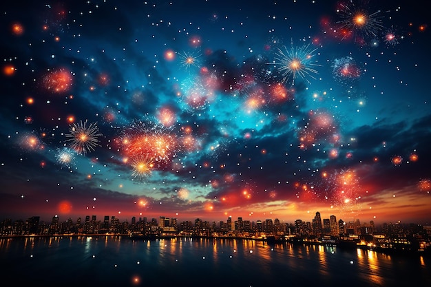 Illustrazione di fuochi d'artificio su sfondo blu