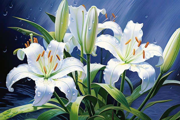 Illustrazione di gigli bianchi su sfondo scuro con gocce d'acqua Bellissimo fiore di giglio botanico dipinto ad olio illustrazione generato dall'intelligenza artificiale