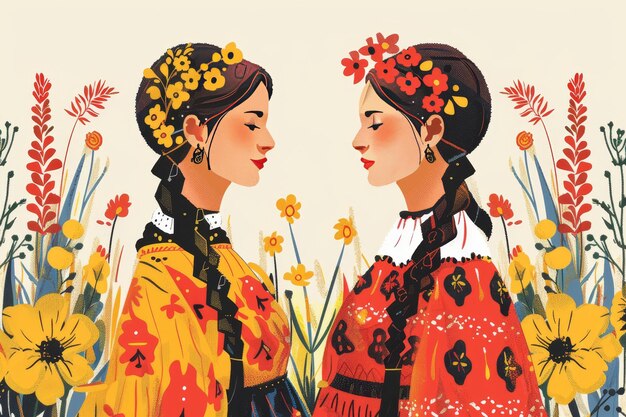Illustrazione di giovani belle donne in un costume tradizionale ucraino dettagli di fiori sbalorditivi