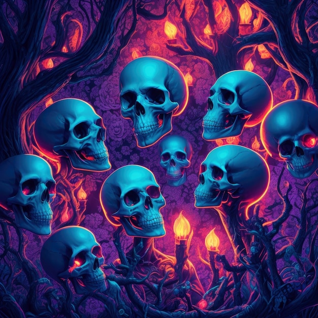 Illustrazione di Halloween che mostra teschi al neon