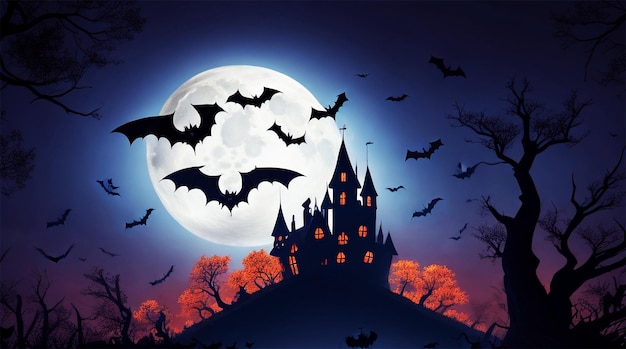 Illustrazione di Halloween con la silhouette del castello alla luna luminosa e alberi morti vicino