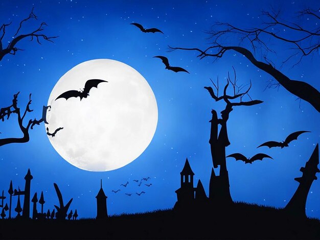 Illustrazione di Halloween con silhouette del castello alla luna incandescente e alberi morti vicino al cimitero crosse