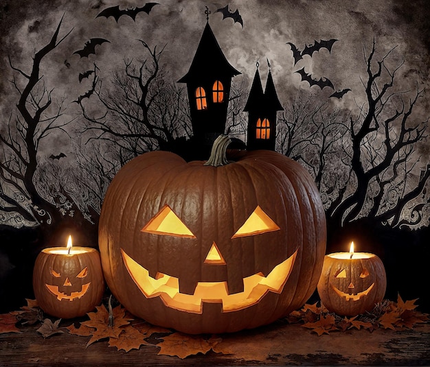 Illustrazione di Halloween con spaventosa faccia di zucca JackOLantern e candele accese Notte oscura e spaventosa con simboli di decorazione tradizionali della celebrazione delle vacanze AI generativa