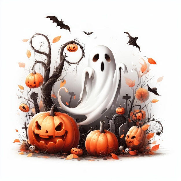 Illustrazione di Halloween del fantasma e della zucca su bianco
