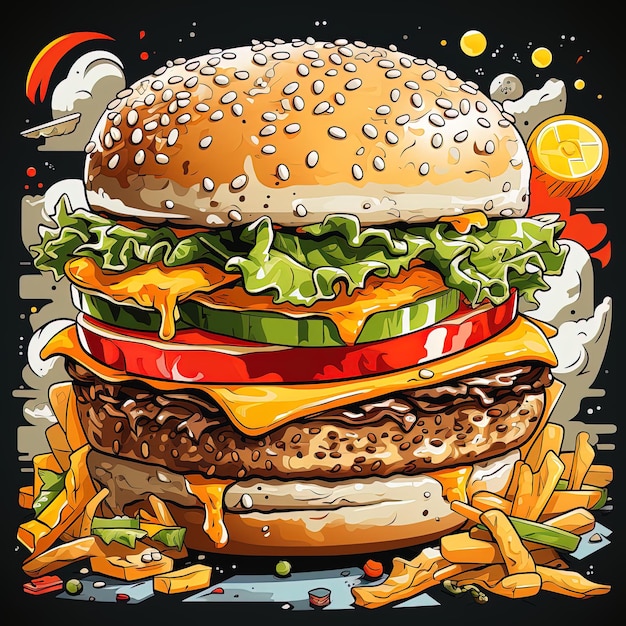 Illustrazione di hamburger con pomodoro lattuga uovo pancetta e formaggio sfondo nero IA generativa