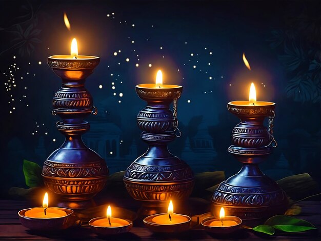 Illustrazione di Happy Diwali di Burning Diya su Happy Diwali Tradizionali lampade ad olio indiane sullo sfondo
