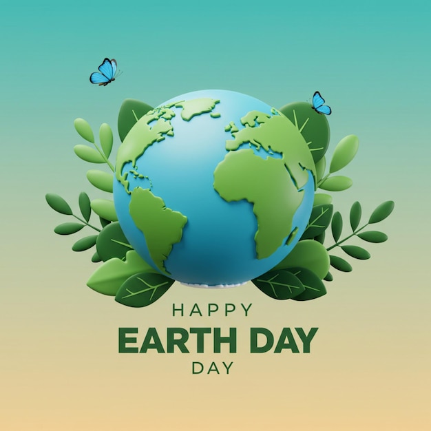 Illustrazione di Happy Earth Day con foglie di globo e farfalle in tema eco-friendly