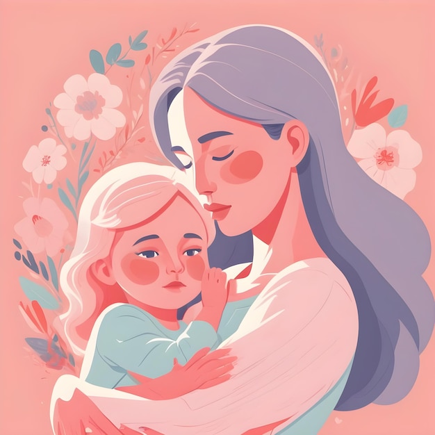 Illustrazione di Happy Mothers Day con la madre e i suoi figli abbracciati