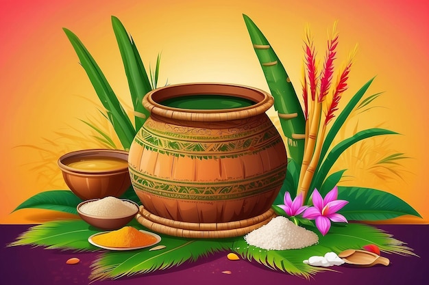 Illustrazione di Happy Pongal Holiday greeting Festival del raccolto dell'India meridionale