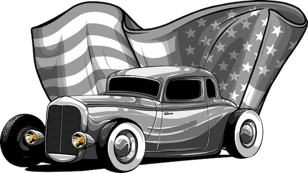 illustrazione di hot rod car con bandiera americana