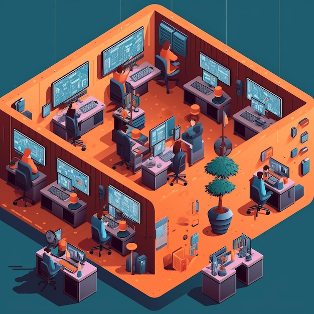 Illustrazione di impiegati in un ufficio di soluzioni IT che lavorano sui propri computer