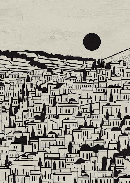 Illustrazione di inchiostro nero del poster di viaggio artistico della linea minimalista della città della Grecia