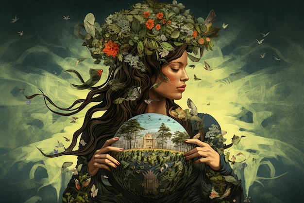 Illustrazione di intelligenza artificiale generativa della testa di una bella donna circondata da piante e natura verde sul pianeta terra che rappresenta l'ambientalismo, l'ambiente e la sostenibilità per salvare il pianeta