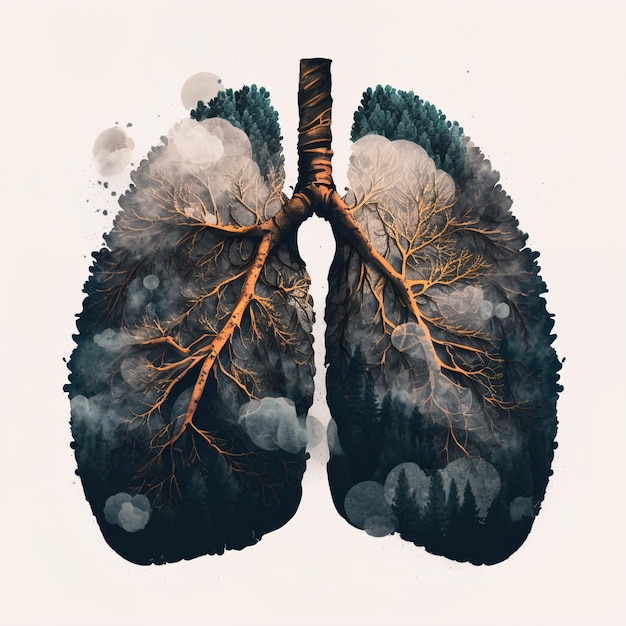 Illustrazione di intelligenza artificiale generativa di polmoni anneriti dall'inquinamento creati a forma di alberi e radici