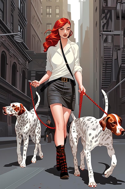 Illustrazione di intelligenza artificiale generativa di una bellissima ragazza dai capelli rossi di 20 anni vestita alla moda per le strade di New York che porta a spasso diversi cani di razza Dalmata