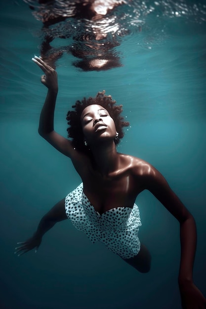 Illustrazione di intelligenza artificiale generativa di una donna che nuota nell'oceano sott'acqua