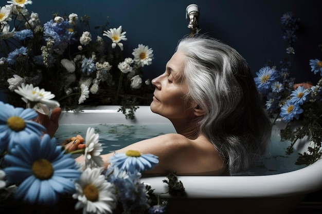 Illustrazione di intelligenza artificiale generativa di una nonna anziana con lunghi capelli grigi in un bagno con fiori