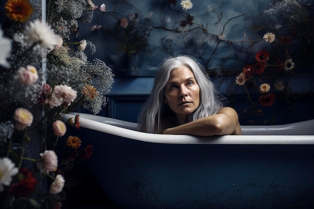 Illustrazione di intelligenza artificiale generativa di una nonna anziana con lunghi capelli grigi in un bagno con fiori