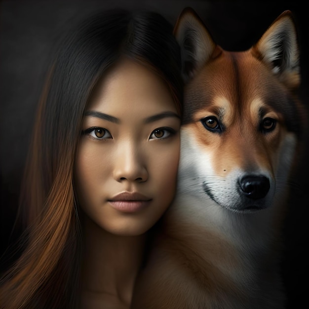 Illustrazione di intelligenza artificiale generativa di una ragazza con il suo cane Akita con sguardi accattivanti