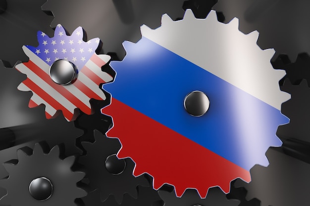 Illustrazione di interazione USA-Russia. Concetto di macchina a stati.