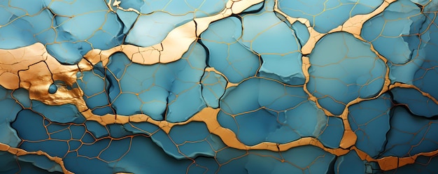 illustrazione di kintsugi di sfondo in marmo di albicocca ciano con dettagli d'oro incrinati ondulati