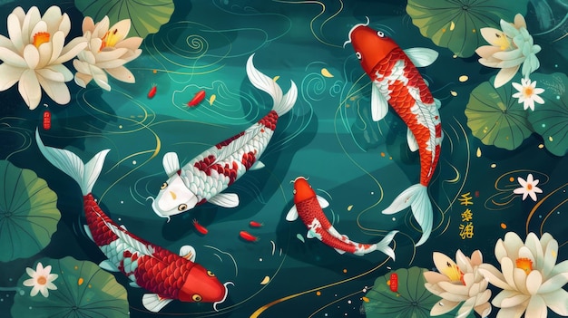 Illustrazione di Kohaku koi che nuota in uno stagno con alcuni bellissimi fiori che galleggiano sull'acqua nella parte superiore della carta Buon anno cinese scritto in cinese sulla coppia primaverile