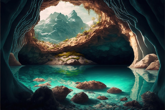 Illustrazione di laghi sotterranei in una grotta Acqua cristallina primavera rocce montagne sotterranee