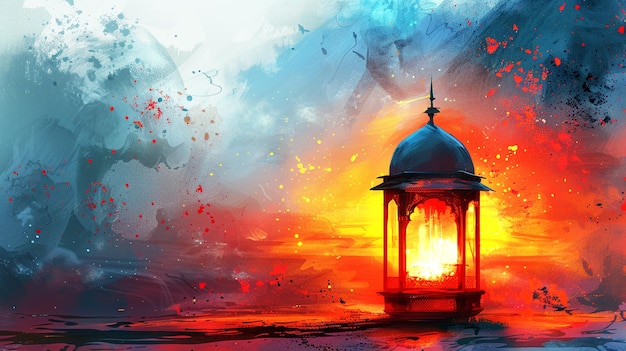 Illustrazione di lanterna islamica in fiamme in un vecchio dipinto