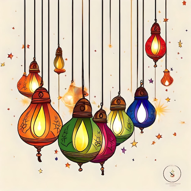 Illustrazione di lanterne colorate su uno sfondo bianco con confetti