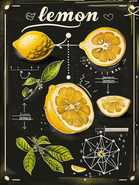 Illustrazione di limoni nello stile di un vecchio libro scientifico con infografiche