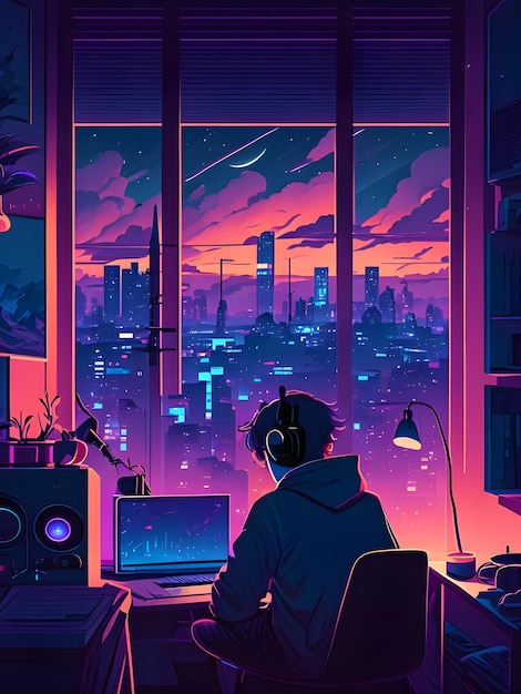 illustrazione di lofi del ragazzo anime