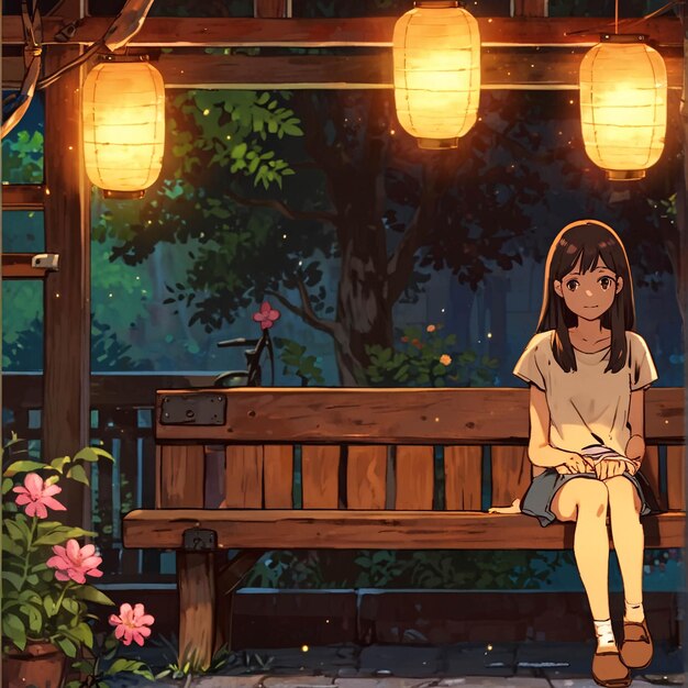 Illustrazione di Lofi Girl nel giardino dei fiori di notte con un'atmosfera calda e accogliente in stile anime