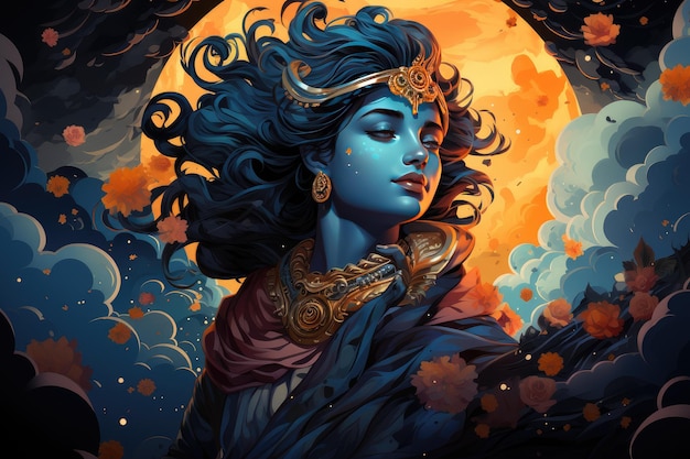 Illustrazione di Lord Krishna in stile cartone animato sullo sfondo della luna IA generativa