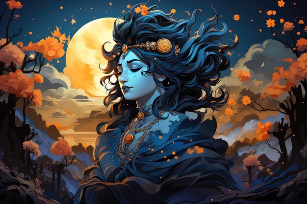 Illustrazione di Lord Krishna in stile cartone animato sullo sfondo della luna IA generativa