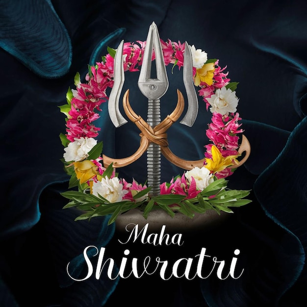 Illustrazione di Maha shivratri di trishul damru e fiori con sfondo nero post di shivaratri