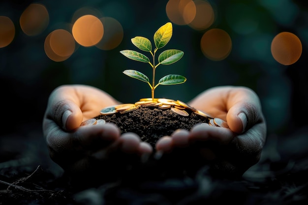 Illustrazione di mani che tengono un albero che cresce e monete fotografia professionale