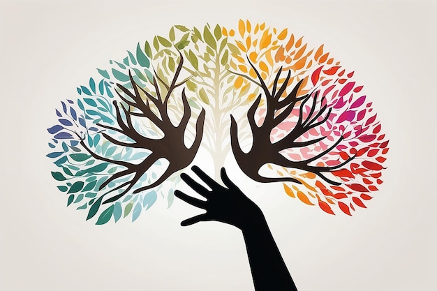 Illustrazione di mani multicolori contro una silhouette di albero simbolo di crescita, unità e amore