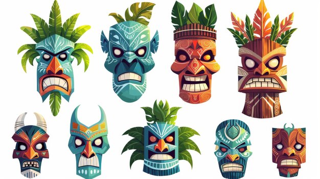 Illustrazione di maschere tiki su sfondo bianco con totem tribali in legno che hanno attributi tradizionali hawaiani o polinesiani volti spaventosi e accenti di foglie