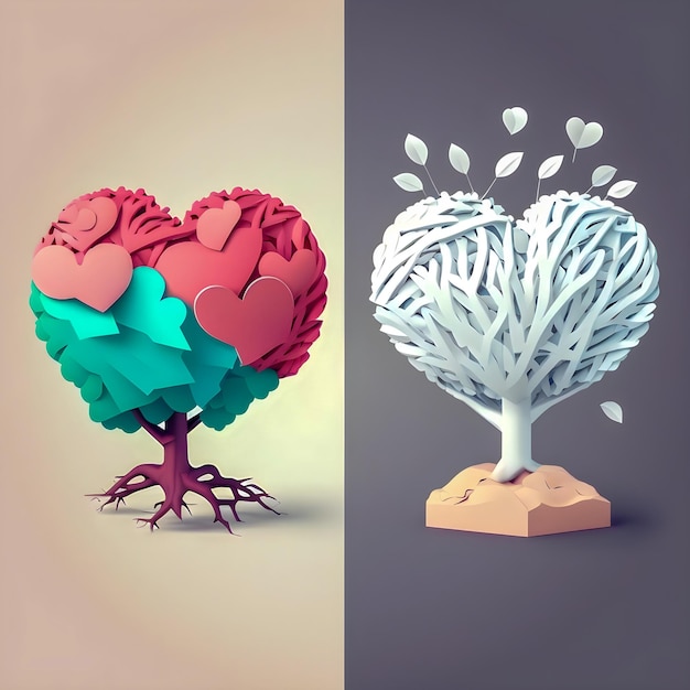 Illustrazione di minimalismo dell'albero del cuore e del cervello di carta