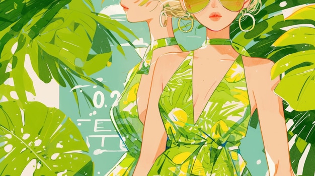 Illustrazione di moda minimalista OneLine Donna in costume da bagno con piante Monstera AI generativa