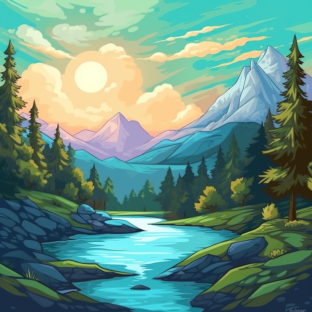 Illustrazione di montagna e foresta in stile piatto