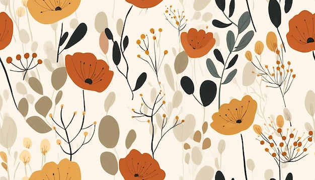 Illustrazione di motivi vegetali in stile henry matisse con toni terrosi Fiori e foglie dipinti a mano alla moda generati da AI