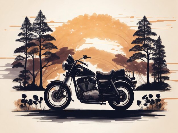 illustrazione di motocicletta d'epoca con uno sfondo di paesaggio montuoso con cime rocciose verde t