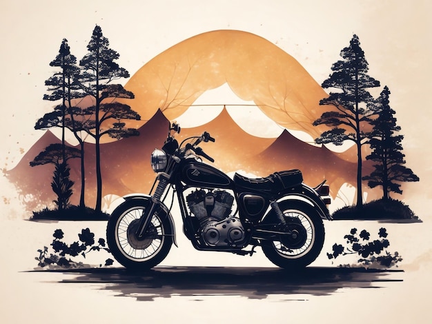illustrazione di motocicletta d'epoca con uno sfondo di paesaggio montuoso con cime rocciose verde t