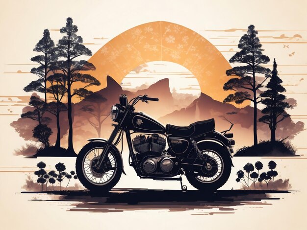 illustrazione di motocicletta d'epoca con uno sfondo di paesaggio montuoso con cime rocciose verde t