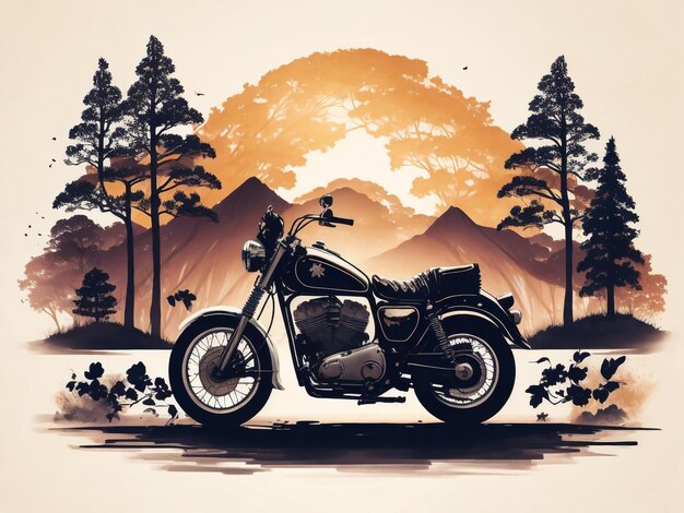 illustrazione di motocicletta d'epoca con uno sfondo di paesaggio montuoso con cime rocciose verde t