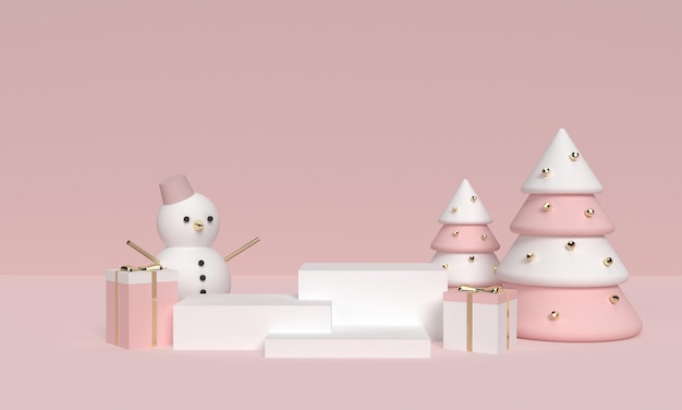 Illustrazione di Natale rosa 3D con regali, pupazzo di neve e alberi di Natale