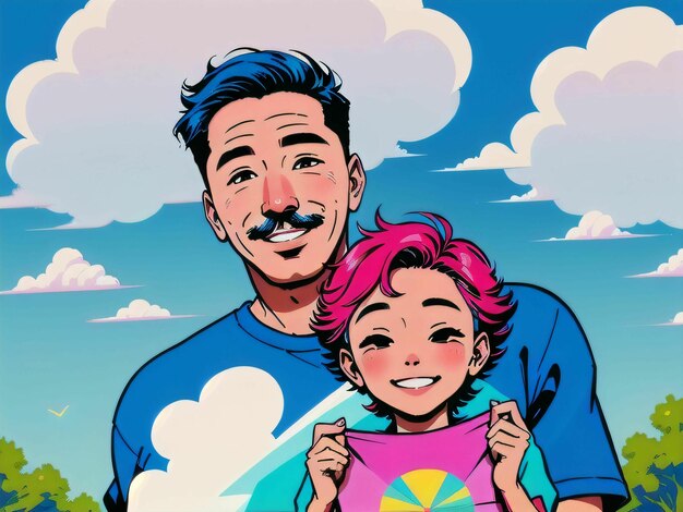 illustrazione di padre e figlio al festival degli aquiloni in stile fumetto